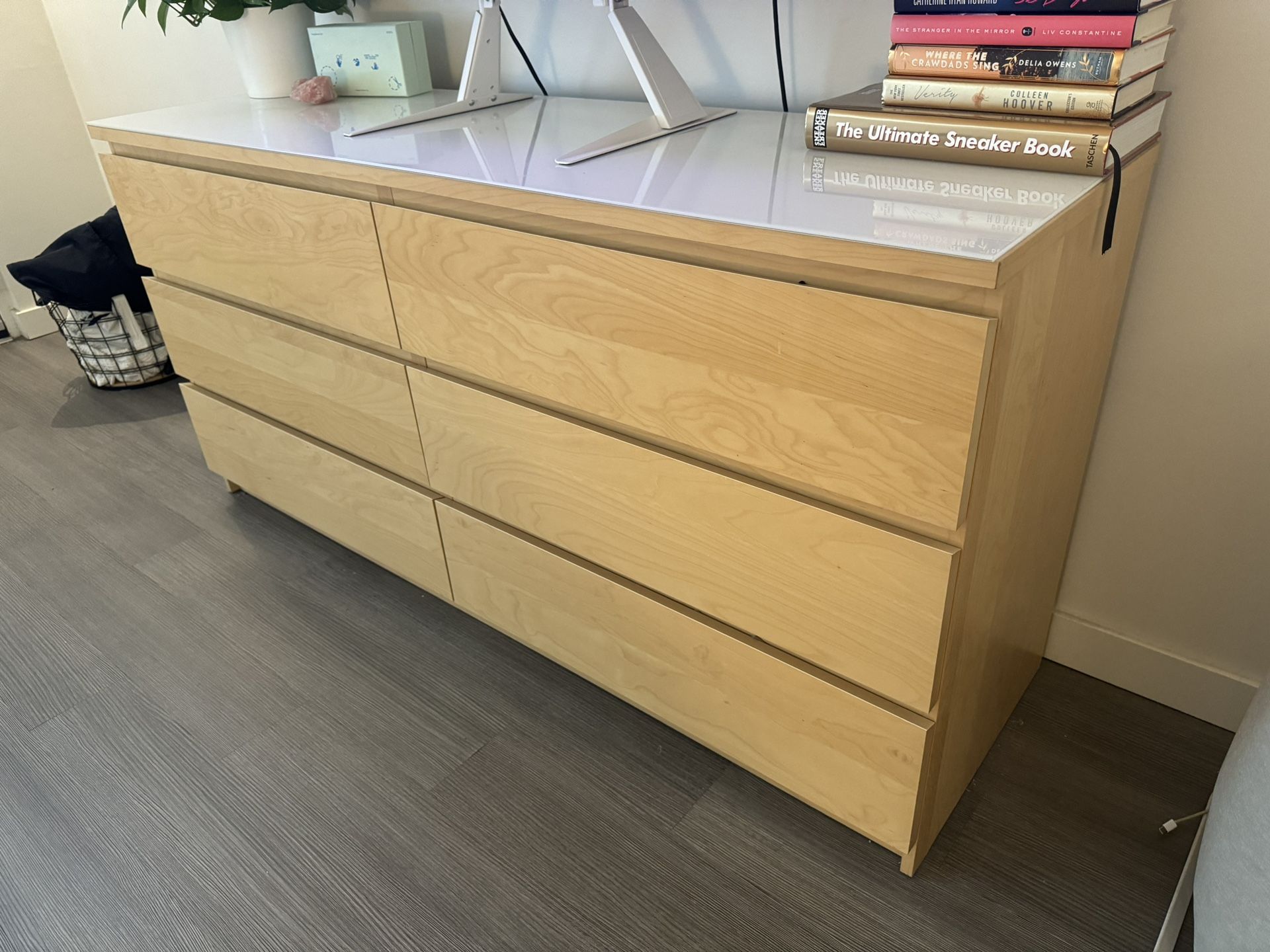 IKEA Dresser, Wood With White Glass Top