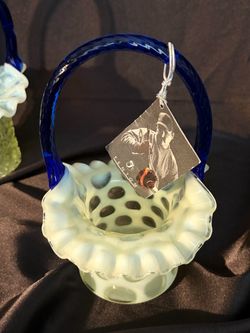 Fenton Art Glass Basket with Cobalt Handle