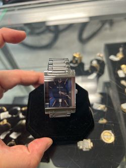 Men's Rectangle ss BULOVA 96G75 CASUAL WATCH Blue Dial Date Watch quartz (a24)