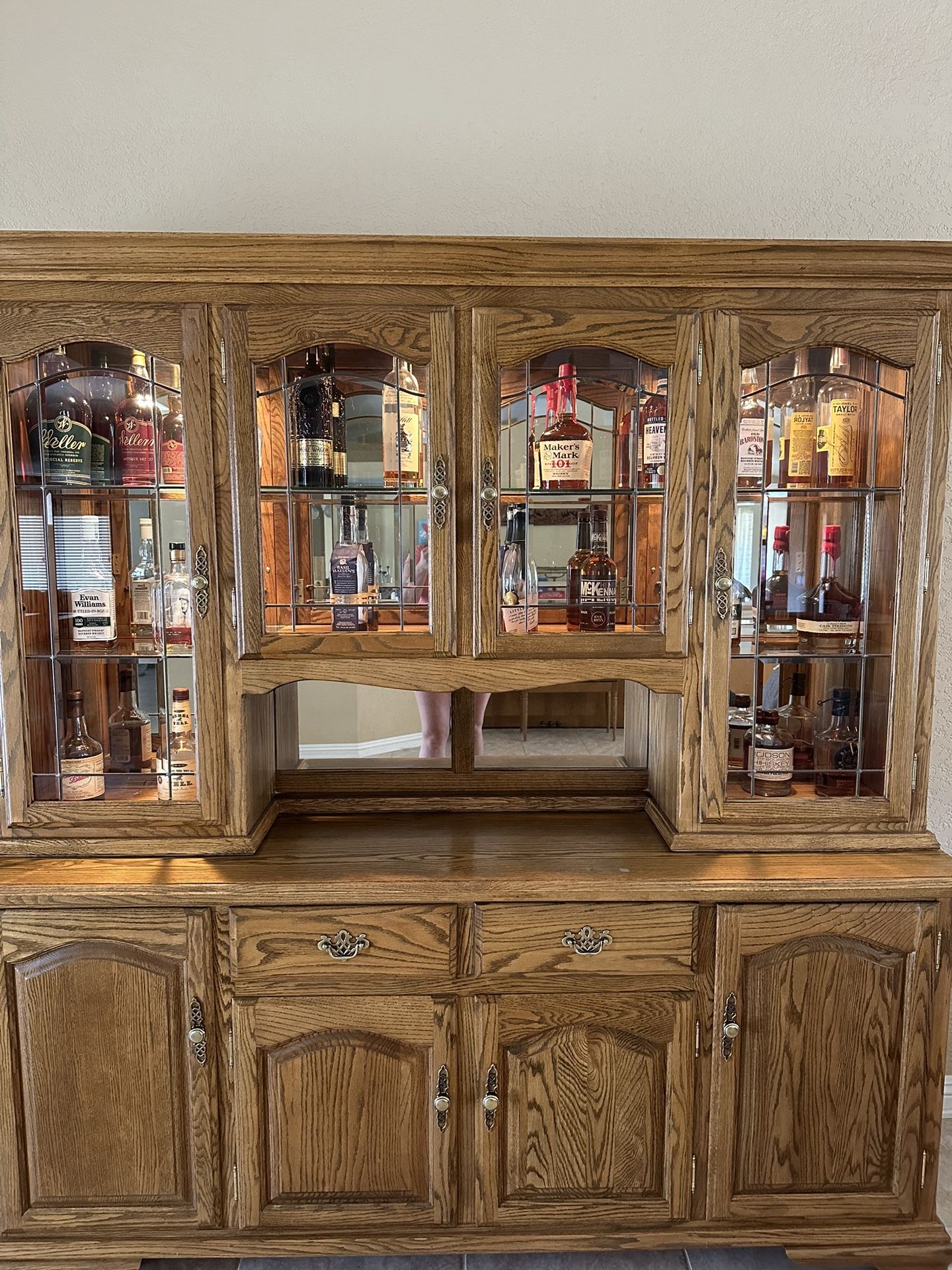 Solid Oak Lighted Display Hutch