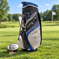 Vtg. PowerBilt Golf Cart Bag 14-Way Divider Cooler Pocket Black Blue White 35"