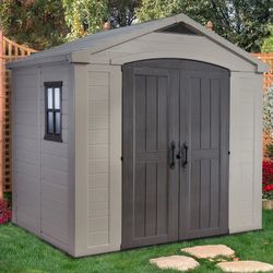 Keter Factor 8x6 ft. Durable Resin Outdoor Storage Shed With Floor and Double Doors for Garden Patio Furniture and Tools, Brown 
