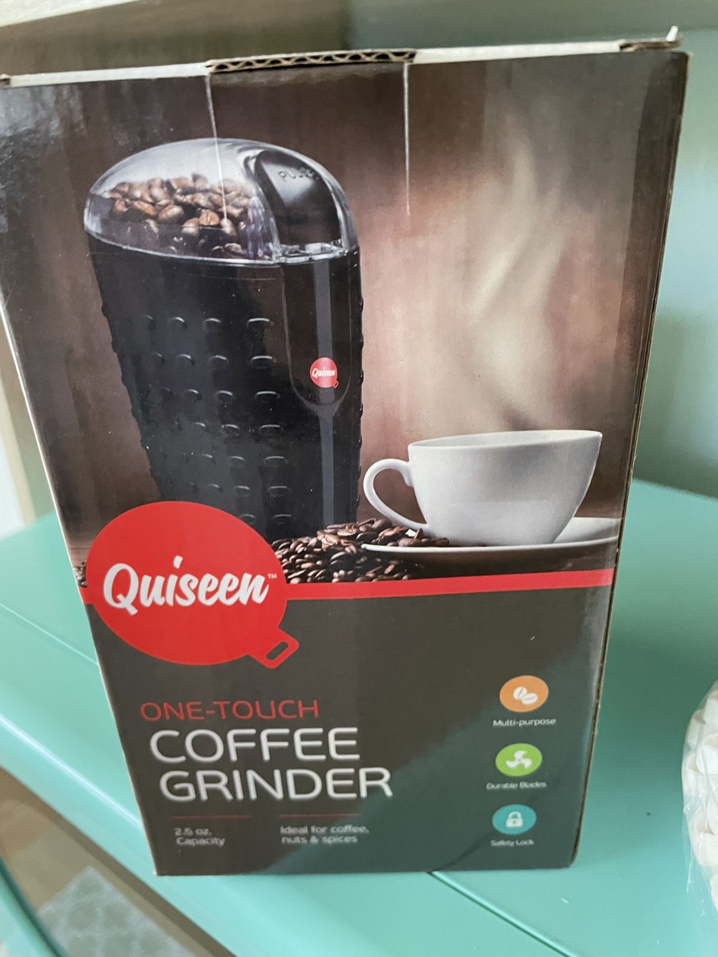 Quiseen One-Touch Electric Coffee Grinder. Grinds Coffee Beans, Spices, Nuts and Grains - Durable Stainless Steel Blades (Black)