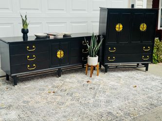 Mid century Bassett Chinoiserie Dresser and Armoire Set