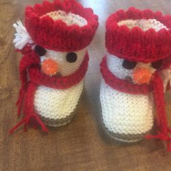 Handmade Knitted Booties for Babies in the Form of Snowmen