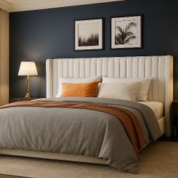 Full Bed Velvet Bed Frame/Vertical Channel Tufted Wingback Headboard/Upholstered Platform Bed/Strong Wooden Slats/No Box Spring Needed/Easy Assembly/