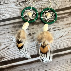 Emerald Green/Silver Pheasant feather Dream Catcher Earrings