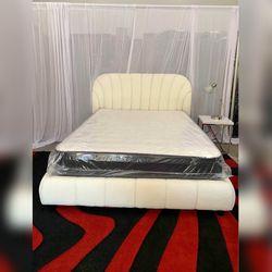 Queen size Fully upholstered bed frame cream color