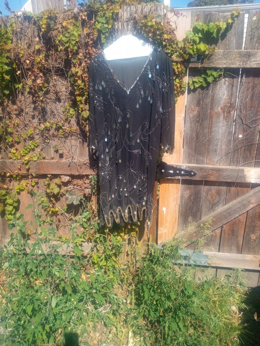 Vintage Black Dress With Decoration. Shoulder Pads. Don't Know The Size