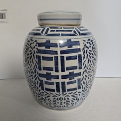 Vintage 1960s Chinese Blue And White Porcelain Double Happiness Ginger Jar Vase