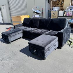 Belffin Velvet U Shaped Sectional Sofa Couch with Storage Ottoman Convertible Sectional Sofa Black 