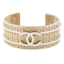 Designer Cuff Gold White Enamel Thick Bracelet 