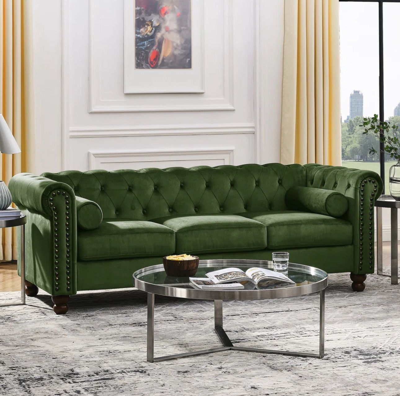 Olive Green Velvet Sofa