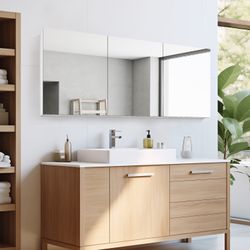 60” x 26” White Solid Wood Mirrored Medicine Cabinet – Spacious Wall-Mounted Bathroom Storage