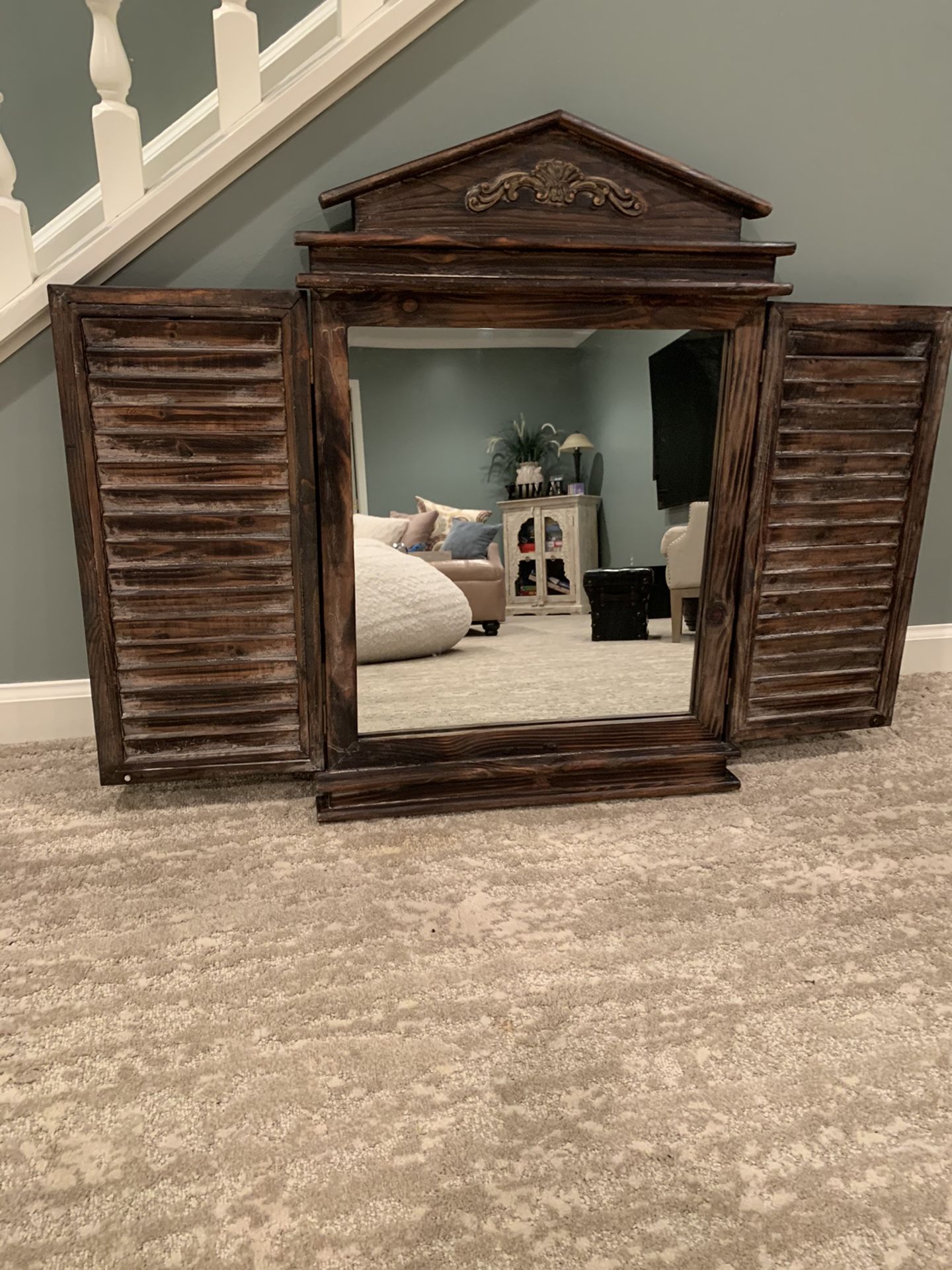 Unique antique look wood shuttered double door mirror