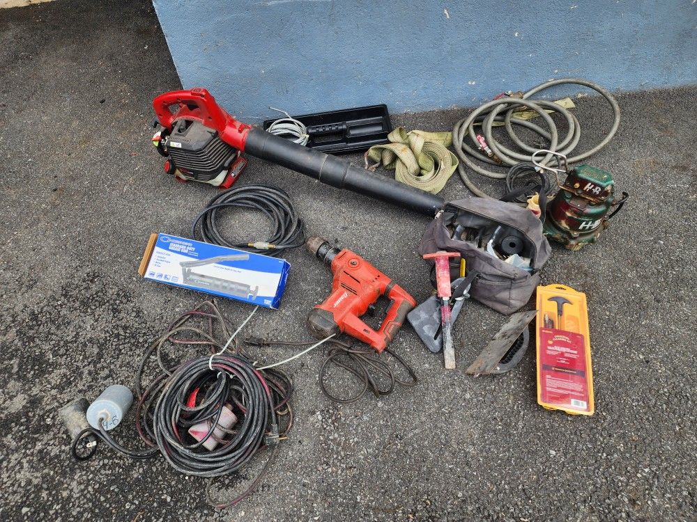 Lot Rotary Hammer Drill, 8 Clamps, New Grease gun, Craftsman gas leaf blower