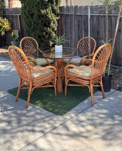 Boho Chic Rattan Dining Set - Wicker Round Table | 5-Piece | Glass Top