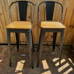 Set Of Two Metal And Solid Wood Barstools