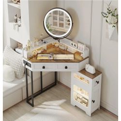 Corner Vanity Desk with Mirror and Lights,