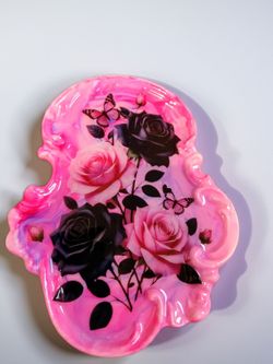 Handmade Resin Tray Pink Rose Butterfly Design