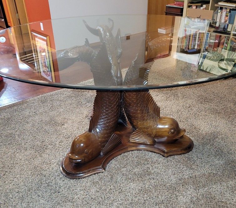 Pick Up Only - Vintage Carved Wood Koi/Dolphin Table
