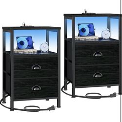 Nightstands Set of 2, End Tables with Charging Station and LED Lights, Black Night Stands with 2 Fabric Drawers, Bedside Tables Set of 2 for Living Ro
