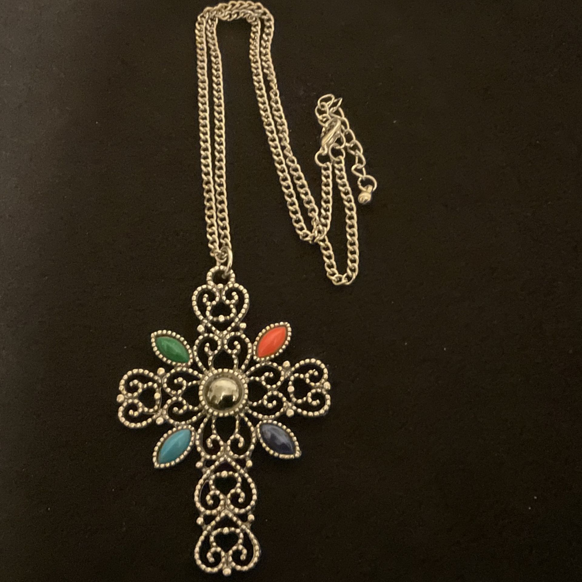 20” SilverTone Necklace And Large Cross Pendant With Stones,by Avon