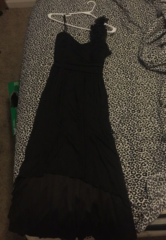 Mid calf length high- low dress with one shoulder flower detailing