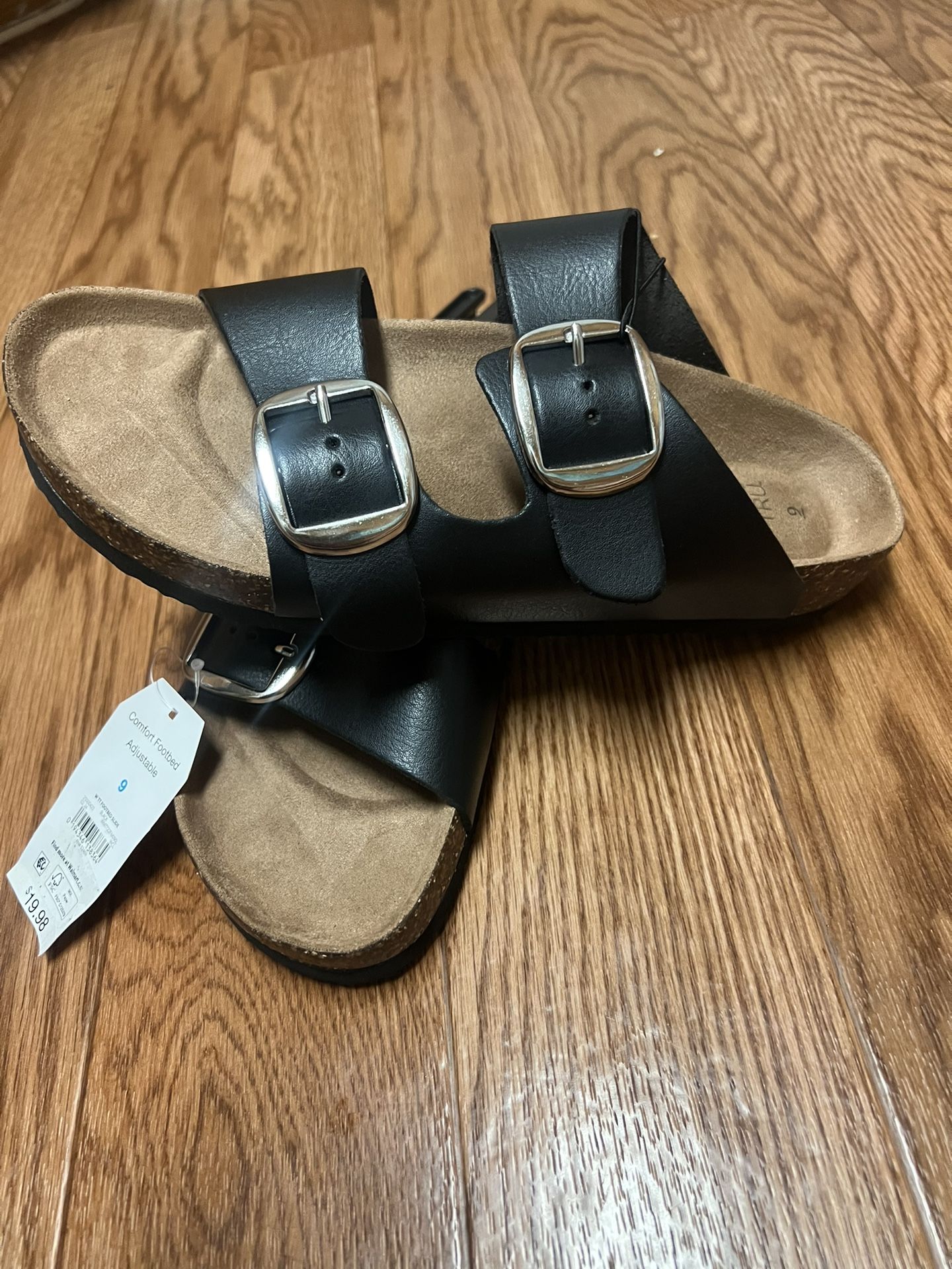 Black flat sandals with cork insole, 2 adjustable buckle straps / Size: 9 / $8