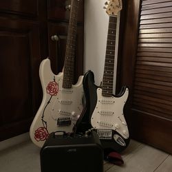 Fender Squire MINI And Hand Painted Mahar Electric Guitars With A Strap, Amp, And A 10ft Amp Chord