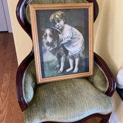 Antique Print Of Little Girl And Her Dog , 18x22 With A Wooden Frame !