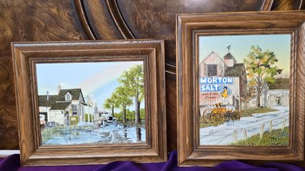 Two Vintage Limited-Edition H. Hargrove Signed Seriograph On Framed Canvas 8×10 Art (Set of 2) Texaco Gas Station Cafe and Morton Salt Ad Painted on a
