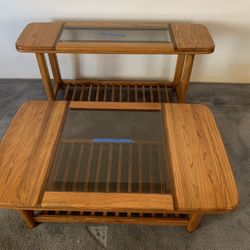 Solid Oak Coffee Table And Console With Beveled Glass 