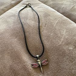 Pink Crystal Dragonfly Pendant Necklace - Braided Black Leather Cord