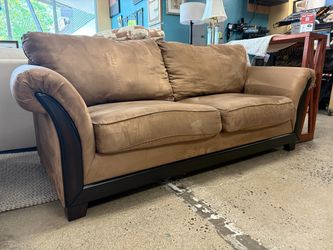 ASHLEY Tan Suede Flare Arm Sofa w/ Dark Wood Trim