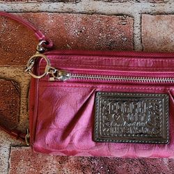Coach Wallet Clutch Wristlet Signature Poppy Pink Zip Around Large