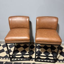 Brown Faux Leather Bar Stool Metal Frame Upholstered Seat Bar Chair with Backrest Rivet (Set of 2)