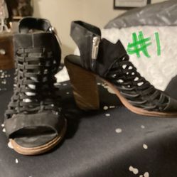 JULIES SHOES:  6-6 1/2 BLACK, TAN & ARMY GREEN CHUNKY HEELED SANDALS #1-2+3