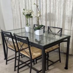 Minimalistic Industrial Glass Top Dining Table with 4 Rattan Chairs IKEA