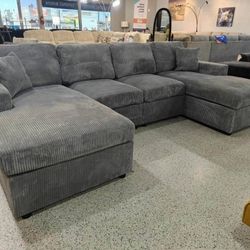 GREY DOUBLE CHAISE SECTIONAL CORDUROY BRAND NEW SAME DAY DELIVERY 