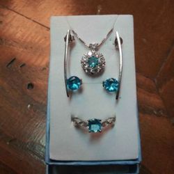 New .925 Sterling Silver Blue Topaz Ring Size 8 And Necklace And Earrings 