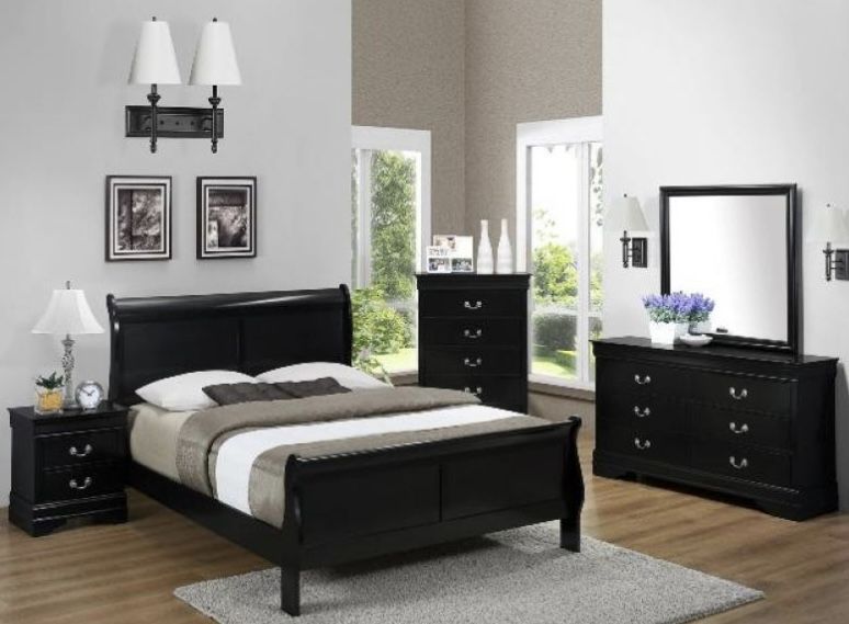 4pc QUEEN bedroom set black includes queen bed, dresser, mirror and nightstand