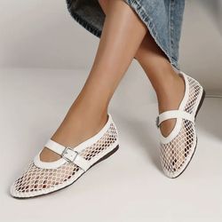 NORHEA Women Buckle Strap Mary Janes Flats Mesh Shallow Fishnet Low Heel Shoes Round Closed Toe Elegant Leisure Flats for Woman Size 7