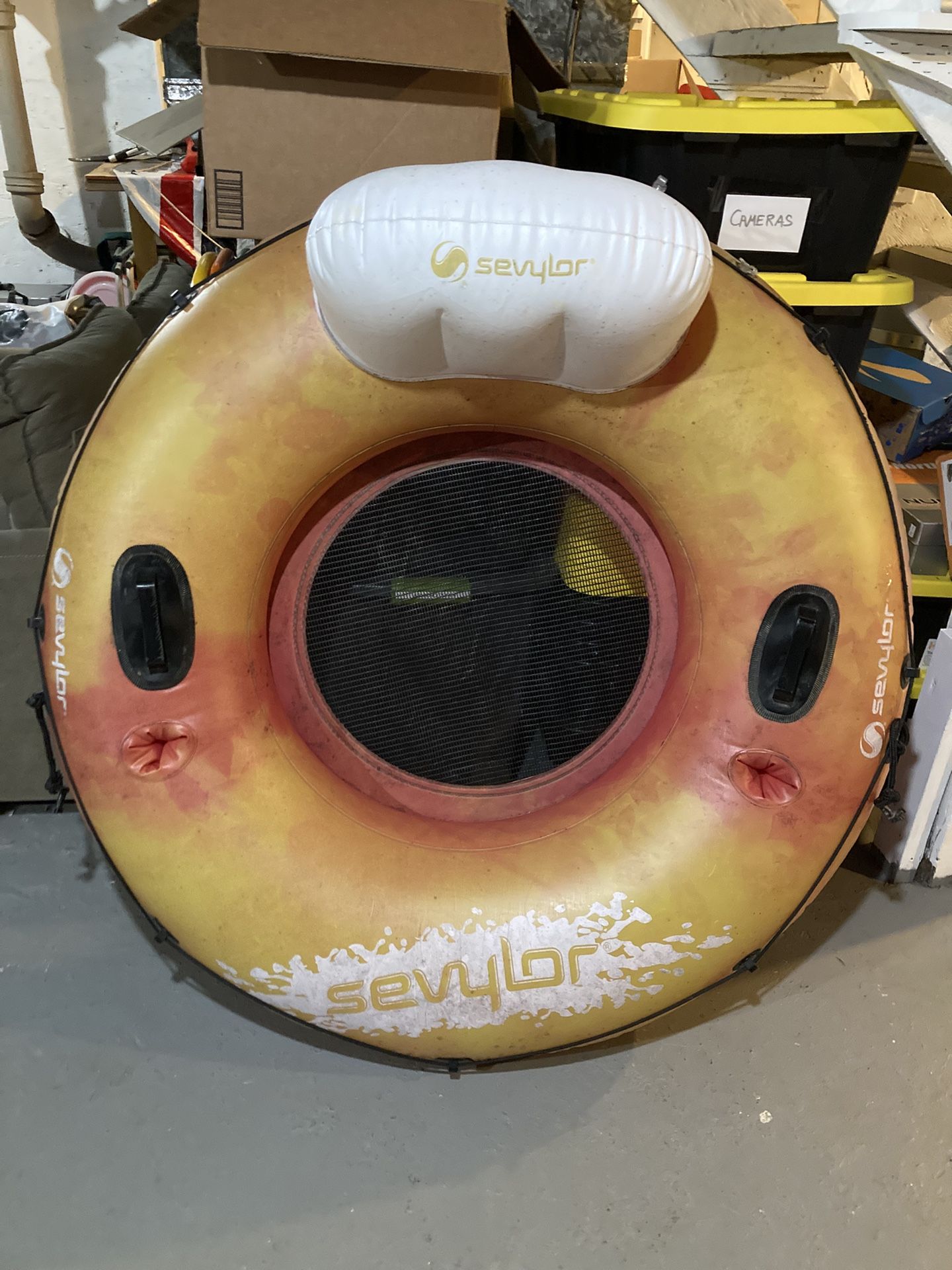 Patched - Sevylor Red Inflatable River Pool Float Tube Swim Ring Raft w Backrest