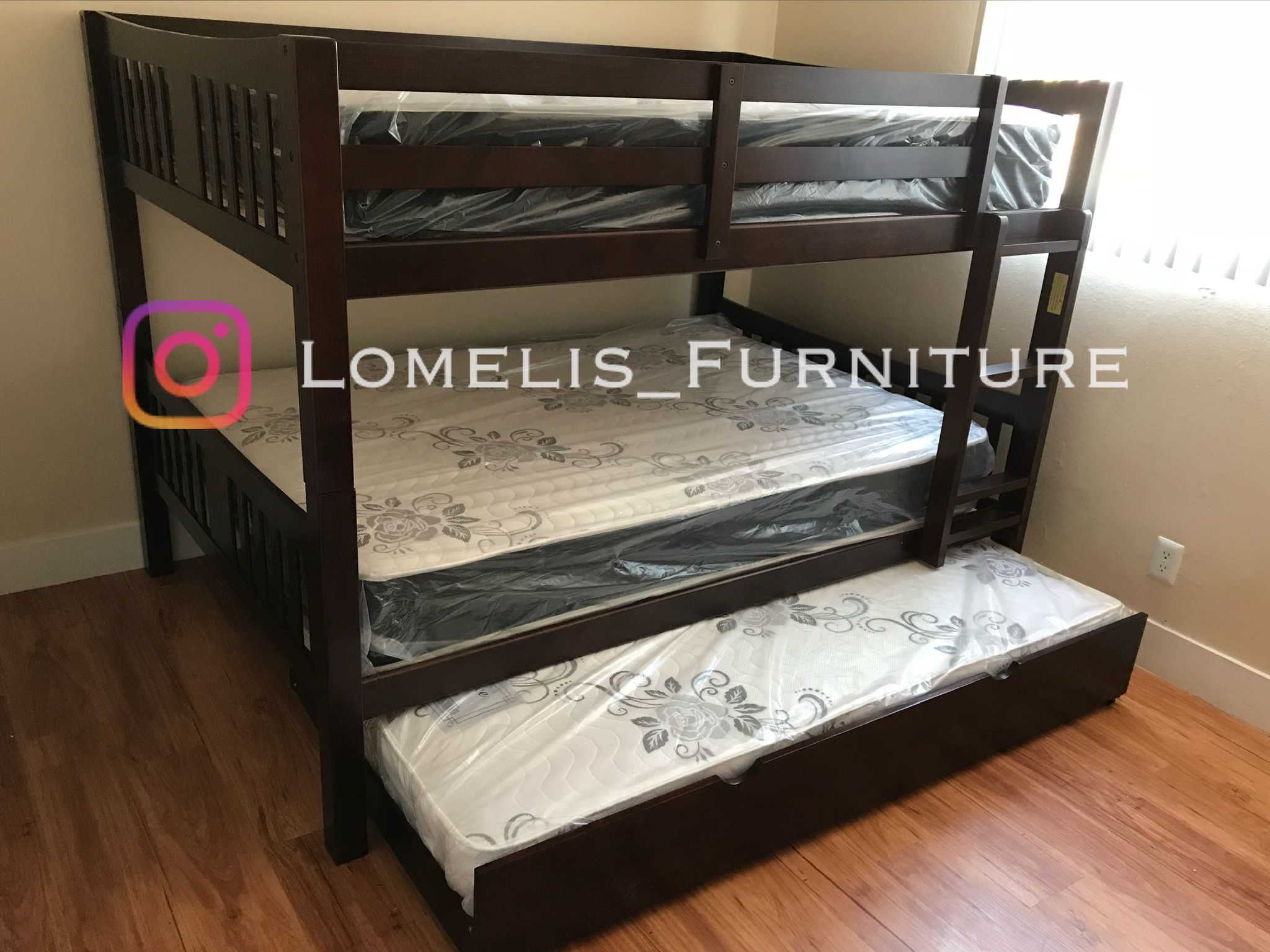 Full/Full/Twin Expresso Wooden Bunkbed w. Ortho Mattresses Included 
