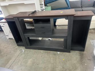 Tall Farmhouse Dark Gray Media Center Console Cabinet. Built in Charging Port & 2 Storage Drawers
