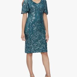 Alex Evenings Short V Neckline Sheath Dress with Cold-Shoulder Flutter Sleeves Size 18