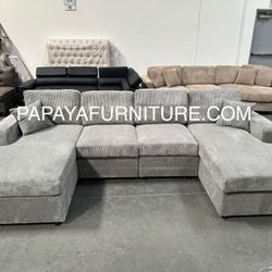 New! Grey 120”L Double Chaise Sectional Sofa, Corduroy Sectional, U-Shaped Sectional, Grey Sectional With Chaise, Soft Plush Sectional,Sofa,Sectional 