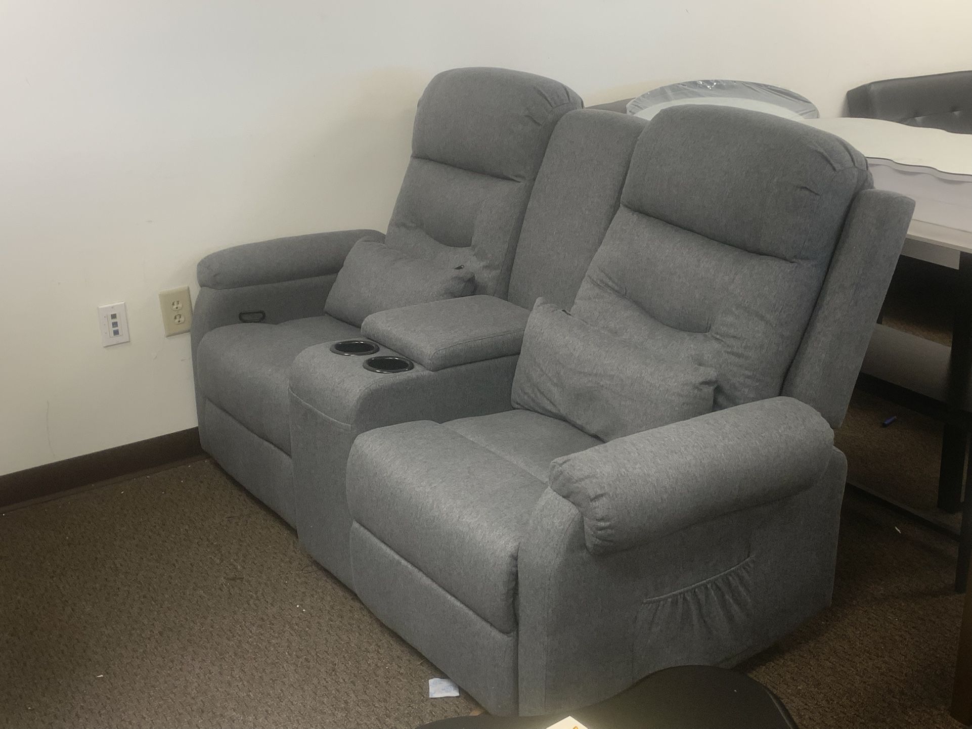 Loveseat Recliner Sofa with Console, Linen Double Wall Hugger Reclining Couch Manual Home Theater Seating 2 Person Recliner Chair with Cup Holders/Sto