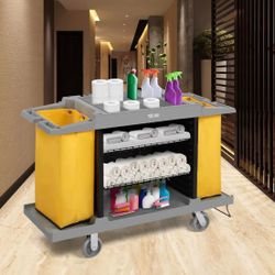 TUFFIOM Industrial Multifunctional Hotel Cart,Commercial Traditional Cleaning Janitorial Room Service Housekeeping Cart, 39" H x 58" W x 21" D,Grey